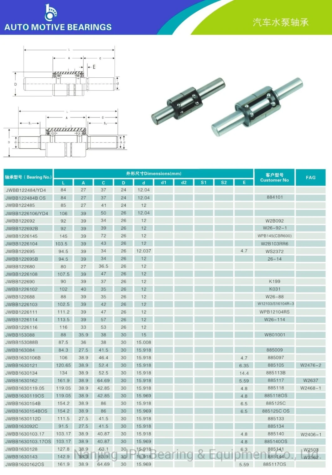 High Quality Auto Motorcycle Parts Double Row Ball/1 Ball 1 Roller/Water Pump Bearing with Shaft for Car/Truck/Automobile Accessories